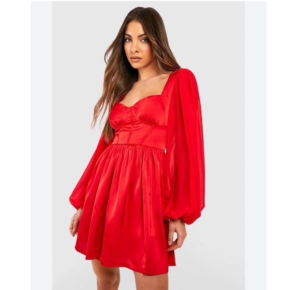 Boohoo Satin Sheer Longsleeve Mini Dress